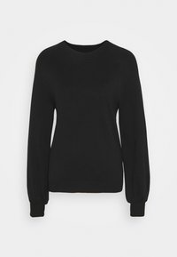 Zwarte langesweater met een ronde halslijn, geribde manchetten en een aansluitende zoom. Soepele textuur en gebreide stof, met een eenvoudig ontwerp.