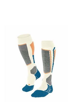 Skarpetki do kolan w kolorze kremowym, szarym, pomarańczowym i niebieskim z wzorzystymi akcentami, ryflowaną teksturą oraz wzmocnionym palcem i heel.