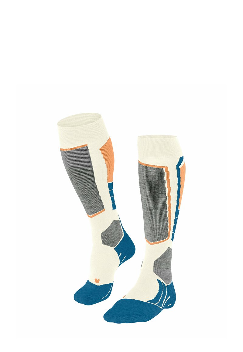 Kniestrümpfe in Creme, Grau, Orange und Blau mit gemusterten Akzenten, gerippter Textur sowie verstärktem Zehen- und Fersenbereich.