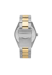 Silver and gold-tone stainless steel watch with a hexagonal case, a smooth polished finish, and a clasp featuring a brand logo.