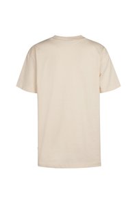 Beige katoenen T-shirt, korte mouwen, ronde hals, losse pasvorm. Glad oppervlak, effen ontwerp, zonder zichtbare logo's of patronen.