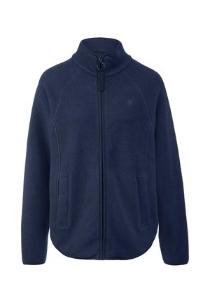 Marineblaues Fleece-Jackett mit hohem Kragen, Frontreißverschluss und zwei seitlichen Taschen. Der Stoff hat eine weiche, strukturierte Oberfläche.