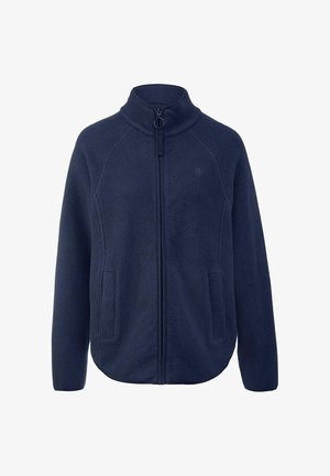 Marineblaues Fleece-Jackett mit hohem Kragen, Frontreißverschluss und zwei seitlichen Taschen. Der Stoff hat eine weiche, strukturierte Oberfläche.