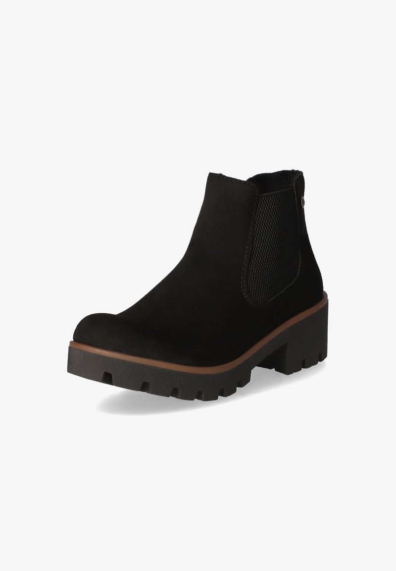 Bottine noire à semelle épaisse crantée, panneau latéral élastique et petit talon bloc, conçue pour un usage décontracté ou en extérieur.