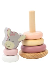 Wooden stacking toy with a natural wooden base. Features five round rings in pink, cream, yellow, and red, topped with a gray donkey face.