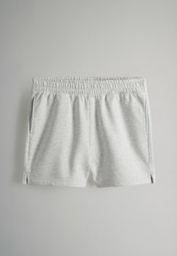 Grå bomullsshorts med elastisk midja, sidofickor och små slitsar i fållen för extra komfort. Mjukt, texturerat tyg.