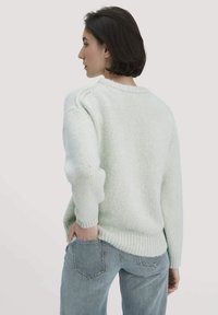 Hellgrüner Strickpullover mit lockerer Passform, ausgestattet mit einem gerippten Saum und weicher Textur. Kombiniert mit verblassten blauen Jeans.