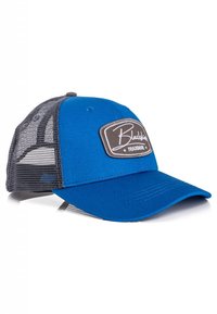 Blue mesh-back cap with a curved brim, featuring a gray patch logo, structured design, and a textured front panel.