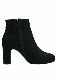 Bottine en suède noir avec fermeture éclair latérale, talon bloc de 7 cm, bout arrondi et détail de bride à la cheville.