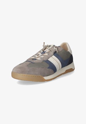 Casual sneaker with gray suede, blue and dark fabric panels, white side stripes, beige laces, and a light brown rubber sole.
