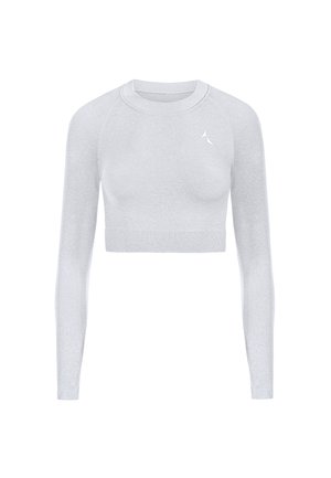 Szary krótki top z długim rękawem, wykonany z elastycznej tkaniny, z okrągłym dekoltem i małym logo na piersi. Gładka faktura, dopasowany krój.
