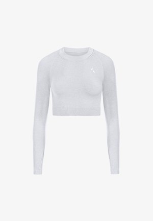 Szary krótki top z długim rękawem, wykonany z elastycznej tkaniny, z okrągłym dekoltem i małym logo na piersi. Gładka faktura, dopasowany krój.