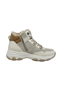 Beige hiking boots with fur lining, mixed materials of leather and corduroy, padded collar, lacing with side zipper, and rubber treaded sole.