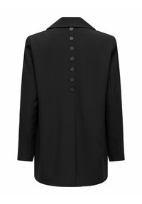 Veste noire à manches longues avec col et une rangée de sept boutons descendant verticalement au centre du dos.