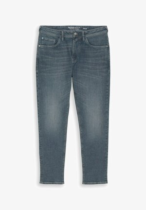 Jeans denim aderenti blu scuro con tasche frontali, passanti per cintura e chiusura con bottone, misura 32/32 di Tom Tailor.