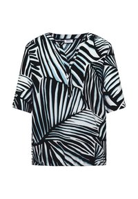 Blouse ample à manches courtes avec un motif abstrait de rayures feuilles noires et blanches et une patte de boutonnage partielle à l’avant.