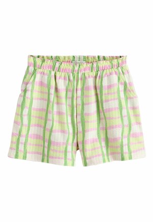 Shorts à taille élastique avec des rayures verticales vertes et horizontales roses sur un fond blanc, dotés de poches latérales et d'une coupe décontractée.