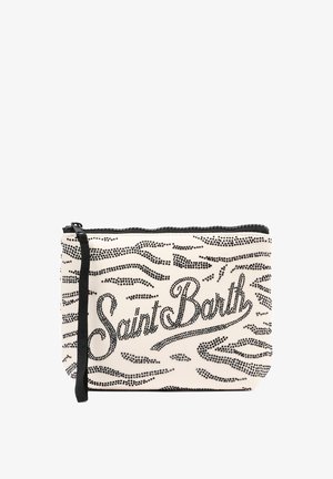 Petite pochette rectangulaire blanche avec fermeture éclair noire et bracelet, décorée de motifs en perles noires et du texte "Saint Barth" en perles.