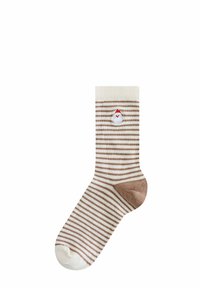 Calzino a righe in crema e marrone, con un motivo raffigurante il volto di Babbo Natale. Tessuto morbido con tallone e punta rinforzati.