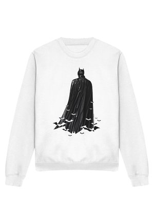 Weißes Sweatshirt mit einer schwarzen Silhouette von Batman, der von hinten zu sehen ist, sein Umhang geht am unteren Rand in fliegende Fledermäuse über.
