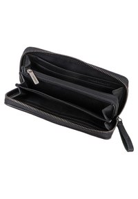 Portafoglio in pelle nera con chiusura zip, dotato di molteplici fessure per carte, un comparto con zip e una texture interna liscia.