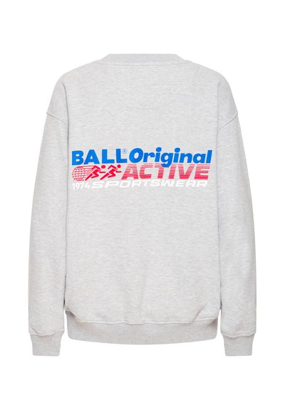 Szary sweter z dużym, wielokolorowym napisem na plecach: "BALL Original ACTIVE 1974 SPORTSWEAR", o miękkiej fakturze.