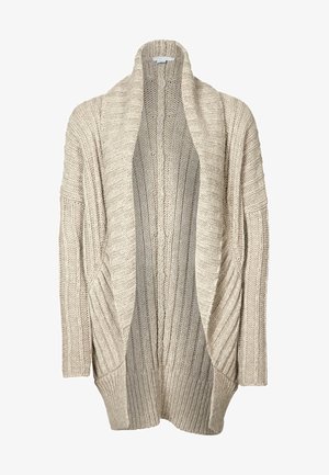 Cardigan beige en grosse maille avec col châle, manches longues et texture côtelée, avec devant ouvert et deux poches avant.