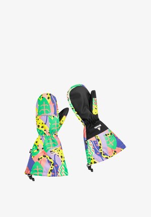 Kolorowe rękawice mają żywy wzór liści w odcieniach zieleni, żółci i fioletu. Teksturalne czarne dłonie oraz elastyczne mankiety zapewniają pewne dopasowanie.