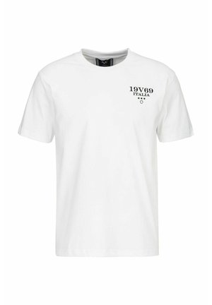 T-shirt en coton blanc avec des manches courtes, un col rond et un imprimé sur le devant avec "19V69 ITALIA" et des étoiles en noir.