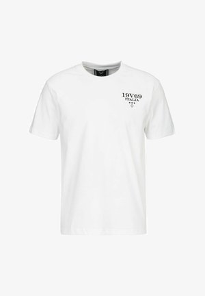 Witte katoen t-shirt met korte mouwen, ronde halslijn en een voorprint met "19V69 ITALIA" en sterren in het zwart.