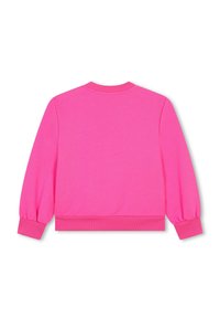 Sweatshirt rose vif avec un col arrondi, des poignets côtelés et une coupe décontractée. Fabriqué en tissu doux avec une texture lisse.