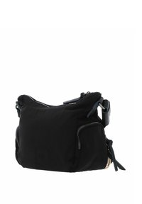 Borsa a tracolla nera in tessuto con finitura testurizzata, dotata di due tasche con zip, tracolla regolabile e dettagli in metallo a contrasto.