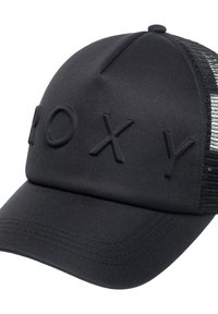 Čierna čiapka s okrúhlou korunou, s embosovaným nápisom "ROXY". Sieťovinový zadný panel pridáva textúru; šilt je hladký a zakrivený.