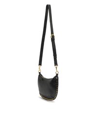 Borsa a tracolla in pelle nera con forma arrotondata, caratterizzata da dettagli in metallo dorato lungo il bordo e una tracolla regolabile.
