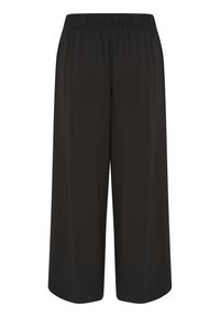 Culottes larges, noires, avec une taille élastique ; texture lisse ; coupe jusqu'aux chevilles avec un design simple et sans embellissement.