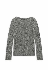 Langärmliger Pullover in einem schwarz-weißen Strickmuster, mit weitem Rundhalsausschnitt und texturiertem, geripptem Stoff.