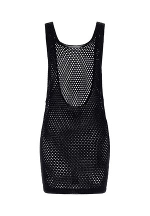 Czarna, bezrękawnikowa sukienka z otwartym, siateczkowym splotem, z dekoltem w kształcie litery U i głębokim odsłonięciem pleców, dopasowana sylwetka.