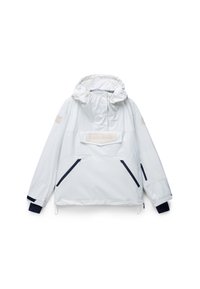 White pullover jacket with a hood, featuring a front pocket, navy accents, and adjustable drawstrings. Smooth texture, minimal branding.