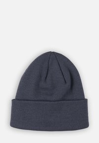 Bonnet en tricot couleur bleu marine foncé, avec un revers replié, des textures en côtes fines et un design ajusté pour la chaleur.