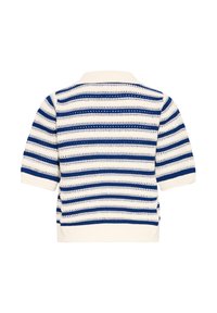 Pull tricoté à manches courtes avec rayures horizontales blanches et bleues, col, poignets et ourlet côtelés, vu de dos.