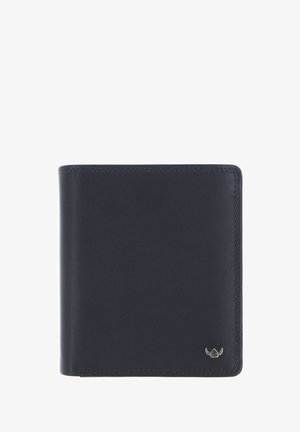 Schwarze quadratische Lederbrieftasche mit genähten Kanten und kleinem silbernem gehörntem Logo in der unteren rechten Ecke.