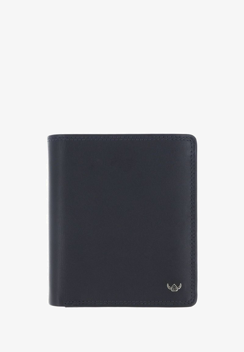 Portefeuille carré en cuir noir avec bords cousus et petit logo argenté en forme de cornes dans le coin inférieur droit.