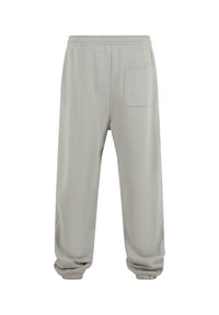 Hellgraue Sweatpants aus einem weichen Stoff, mit einem elastischen Bund, geknöpften Knöcheln und einer Gesäßtasche auf der rechten Seite.