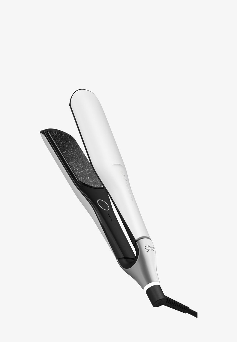 Fer à lisser en céramique blanc et noir avec des plaques chauffantes texturées noires et un bouton d'alimentation, relié à un cordon noir.