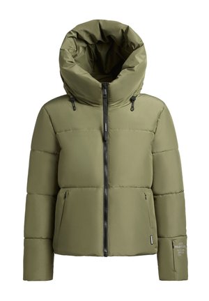 Olivgrüne, wattierte Jacke mit großer, umgeschlagener Kapuze, Frontreißverschluss, Seitentaschen und einem strukturierten Ärmel-Detail. Hergestellt aus glattem, synthetischem Material.