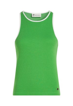 Rohelise värviga soonikuga t-särk, millel on ümmargune kaelus ja valge ääris ning väike logomärk alumisel küljel. Sile tekstuur, keha järgnev lõige.