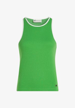 Rohelise värviga soonikuga t-särk, millel on ümmargune kaelus ja valge ääris ning väike logomärk alumisel küljel. Sile tekstuur, keha järgnev lõige.