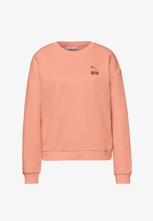 Blød lyserød langærmet sweatshirt med rund hals, ribkanter på ærmer og kant, med et lille kirsebærmotiv på venstre bryst.