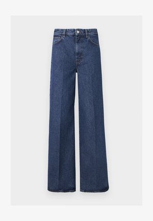 Dark blue high-waist wide-leg jeans with front pockets, belt loops, button closure, and visible crease lines down the legs.