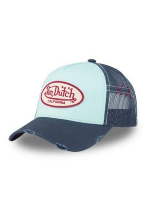 Casquette de camionneur avec un panneau avant menthe et un dos en maille marine, ornée d'un patch brodé rouge "Von Dutch California" et d'une visière usée.